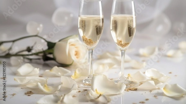 Fototapeta Two wedding festive glasses of alcoholic champagne with white roses, petals. AI generated.