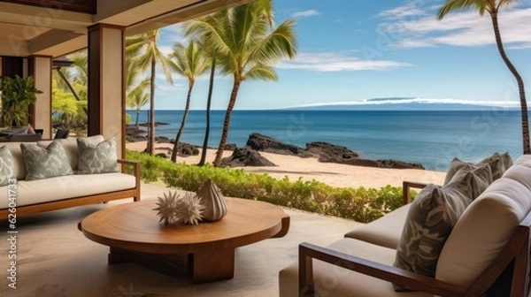 Fototapeta Beachfront villa with a private cabana and direct access to the white sands of Wailea Beach in Maui, Hawaii