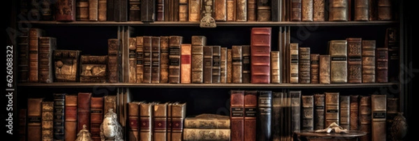 Fototapeta Old books on wooden bookshelves in a library. Generative AI