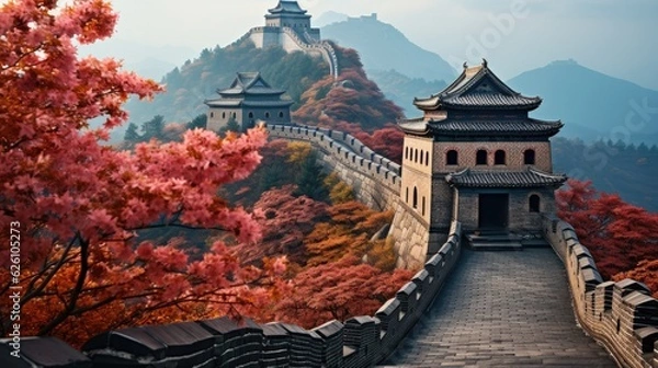 Fototapeta A sweeping view of the Great Wall of China snaking over mountains, covered in autumn foliage.