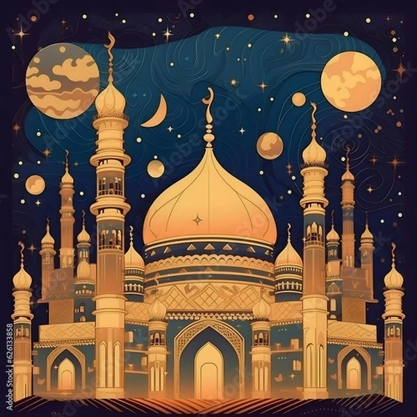 Fototapeta mosque and crescent moon illustration