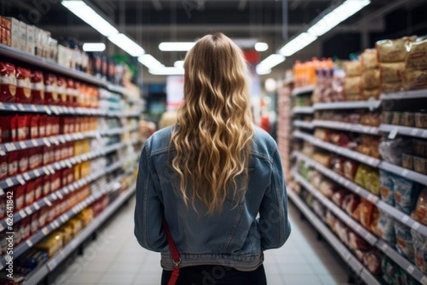 Fototapeta Young women buying in supermarkets and feeling worried about increases in food prices.