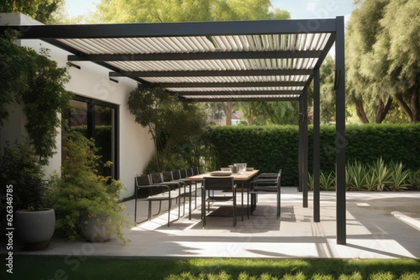 Fototapeta Modern black bio climatic pergola with top view on an outdoor patio. Teak wood flooring, a pool, and lounge chairs. green grass and trees in a garden, generative AI	