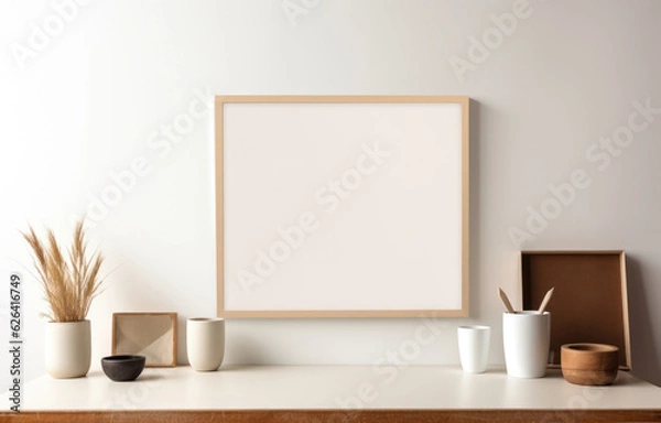 Fototapeta Close up Blank Horizontal White Framed Poster Mockup on Office Room Wall, Modern Minimalist Interior Design Style, Cozy Decoration. Generative AI