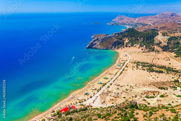 Fototapeta Aerial sea view of Tsambika beach, Rhodes island, Greece, Europe