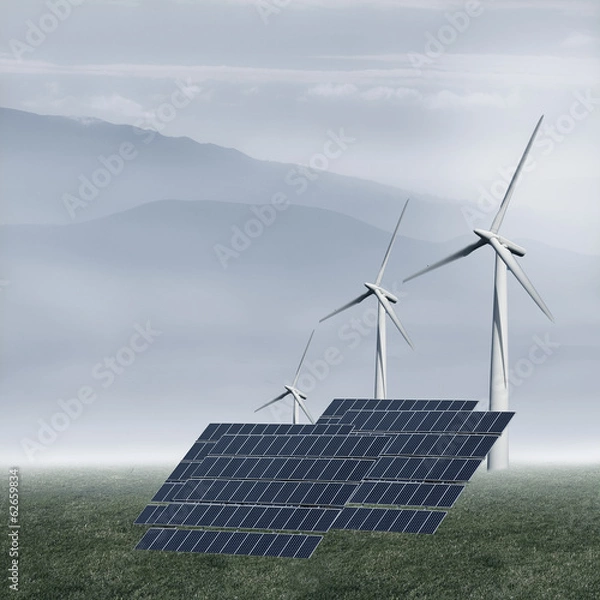 Fototapeta solar panels and windmills in the renewable industry