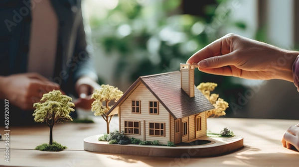 Fototapeta Gros plan sur les mains d'une personne pour le projet immobilier d'une maison.