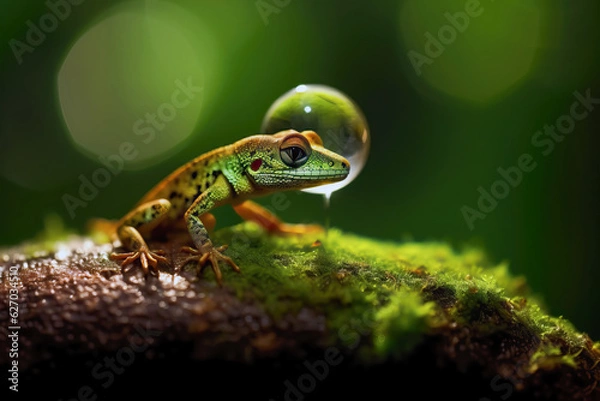 Fototapeta Cute close-up of a Green Gecko in a tree trunk with moss in the forest. Amazing wildlife. Generative Ai