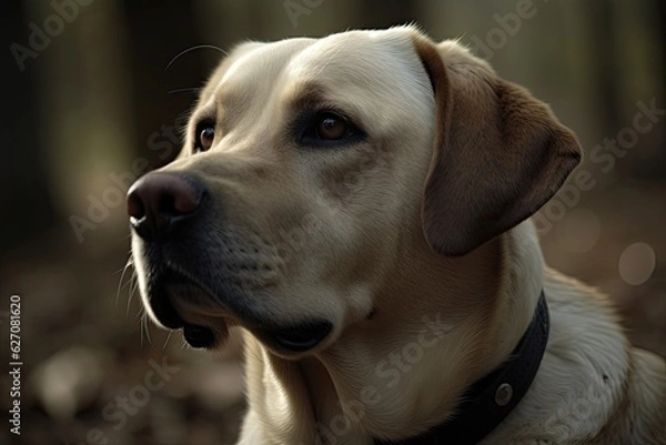 Fototapeta Dog wearing a black collar in a forest setting with trees and fallen leaves in the background.