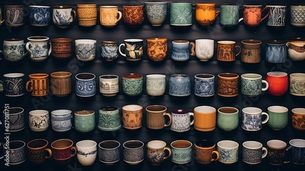 Fototapeta  a shelf filled with lots of different colored coffee mugs.  generative ai