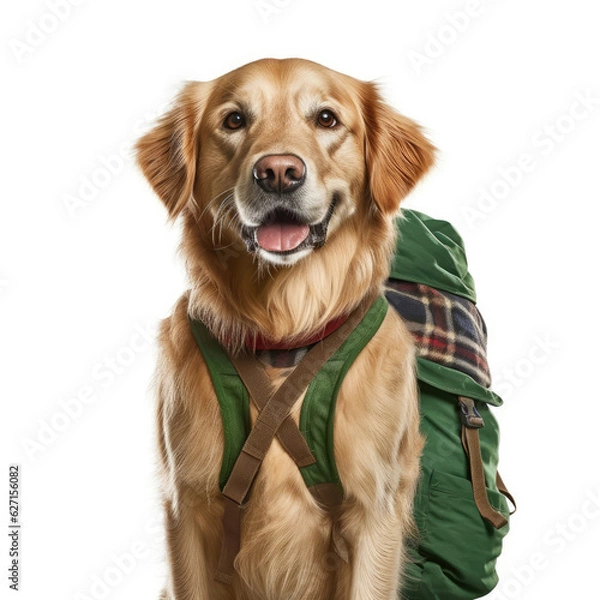 Fototapeta A Golden Retriever (Canis lupus familiaris) with a green cap and red backpack.