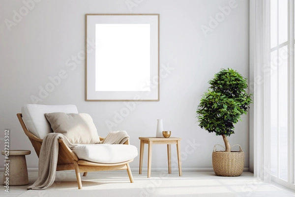 Fototapeta Trendy white living room with white modern decoration, simple home decor. Generative AI