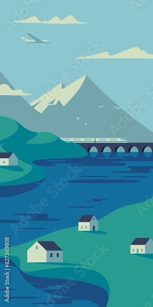 Fototapeta Nature landscape with mountains, hills, green grasslands, country houses, and a river in summer. Travel and tourism transport concept. Flat vector illustration EPS10