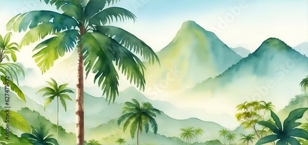 Fototapeta Tropical Rainforest, Jungle, Palm Trees and Mountains, Watercolor Landscape Painting, Generative AI, Generative, AI