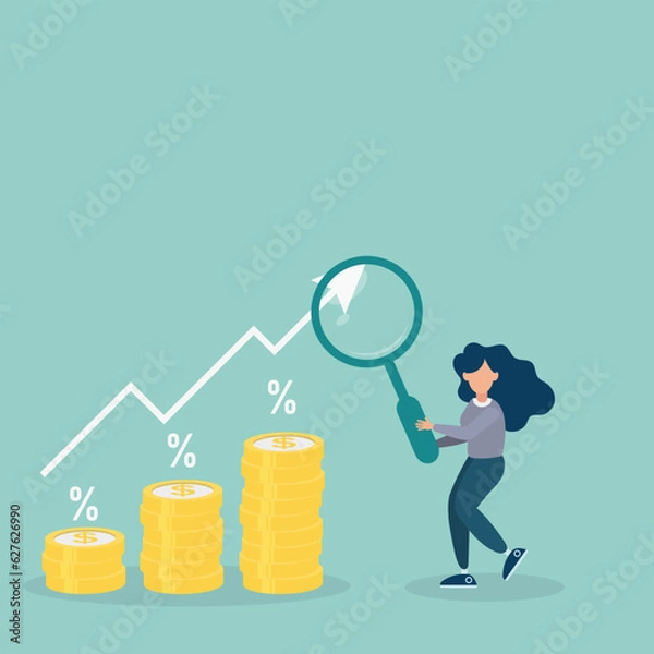 Fototapeta Businesswoman hold magnifying with pile of coins symbol. Interest rate hike due to inflation percentage rising up. Flat vector illustration.
