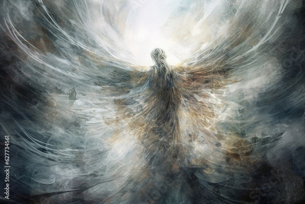 Fototapeta Religion, fantasy, fashion, good and evil concept. Abstract and surreal looking angel with wings illustration. Generative AI