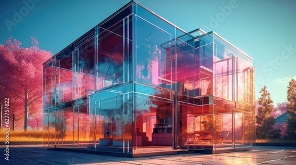 Fototapeta Beautiful glass house. Luxurious house. Created with generative AI.