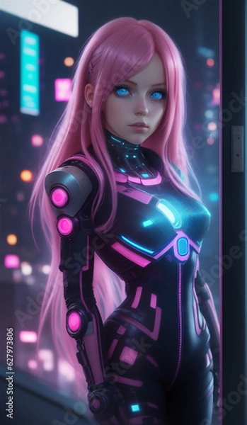 Fototapeta Portrait of young cyber woman with neon glowing armor and elements. Cyberspace Augmented Reality, futuristic vision. 3d render on gradient backdrop.