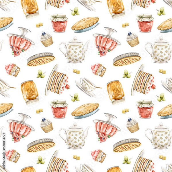 Fototapeta Seamless pattern with vintage variety set of sweet dessert, cupcakes, cake, pies and jams with berries isolated on white background. Watercolor hand drawn illustration sketch