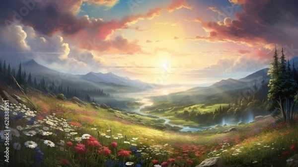 Fototapeta  a painting of a beautiful sunset over a valley with wildflowers.  generative ai