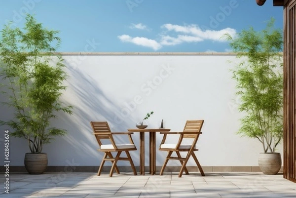 Fototapeta Bamboo chairs table courtyard. Generate Ai