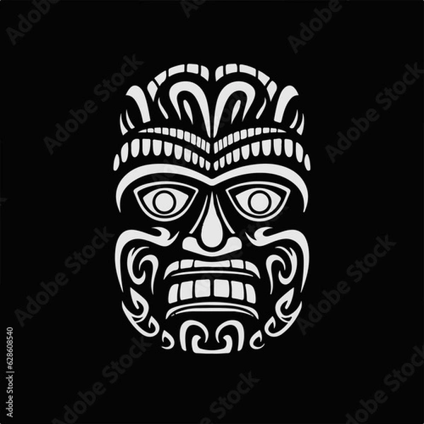 Fototapeta tiki face, stencil style, white color, black bacnground