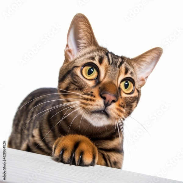 Fototapeta bengal cat looking up at the camera on a white background