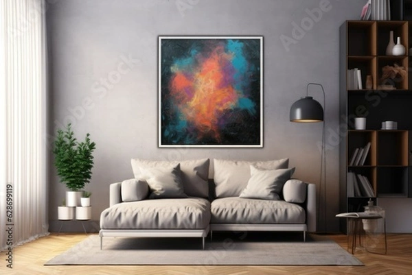 Fototapeta A vibrant abstract piece in a polished black frame sits on the wall, bringing a dash of artistic sophistication to the room. Generative AI