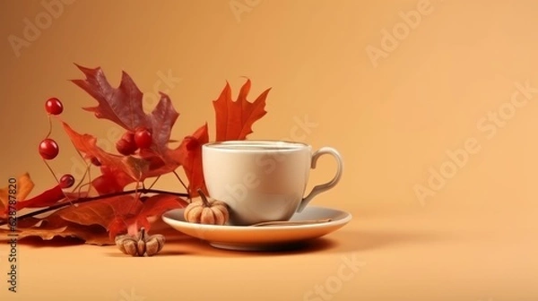 Fototapeta Coffee Cup and Autumn Elements Arranged. AI generated