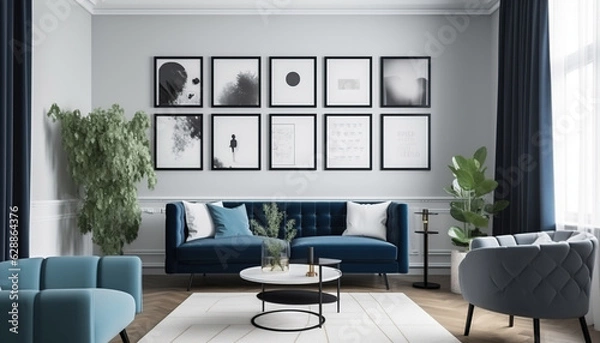 Fototapeta White sofa and blue armchair in living room with posters on the wall, generative ai