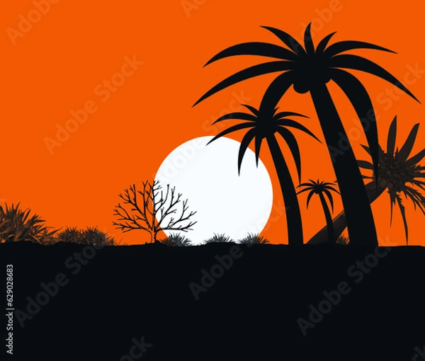 Fototapeta A silhouette of a palm tree and grass