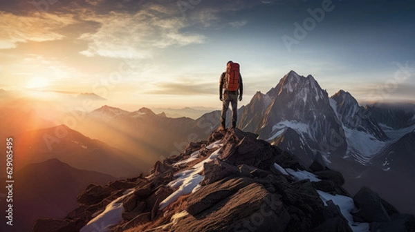 Fototapeta Peaks Embrace. A trekker Standing Atop Majestic Alps, Appreciating the Mesmerizing Sunrise Beauty. A Journey of Challenge, Triumph, and Passion for Nature and Mountains.