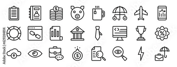 Fototapeta set of 24 outline web business icons such as clipboard, agenda, coins, piggy, tea cup, protection, aeroplane vector icons for report, presentation, diagram, web design, mobile app