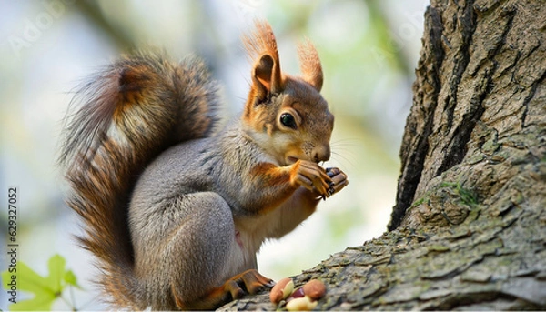 Fototapeta squirrel sits on a tree and eats a nut