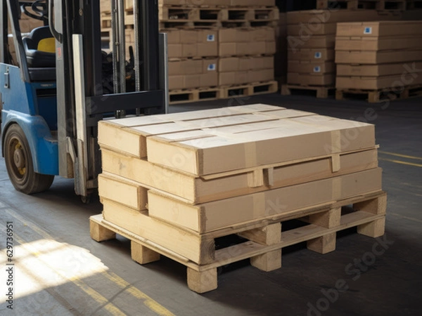 Fototapeta Close-up image of a pallet jack's fork lifting wooden pallet with stacked boxes in a busy warehouse