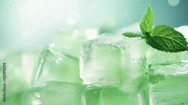 Fototapeta Mint ice cubes close-up on light green background