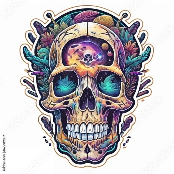 Fototapeta very details galaxy inside a skull, white background, T-shirt design, streetwear design, pro vector, full design, 6 colors only, solid colors, no shadows, full design, warm colors, plants