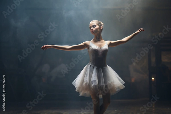 Fototapeta Anticipation in a ballet dancer's poised stance, a moment suspended in time.