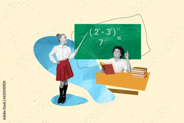 Fototapeta Composite collage of funny small preteen school boy and girl have teaching blackboard algebra counting theory isolated on beige background