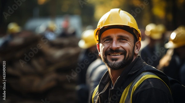 Fototapeta happy of team construction worker working at construction site made with AI generative technology