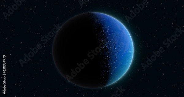 Fototapeta Abstract realistic space spinning planet round sphere with a water surface in space against the background of stars