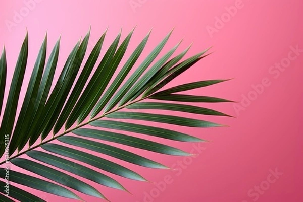 Fototapeta Green Palm Leaf On An Isolated Pink Background, Generative AI