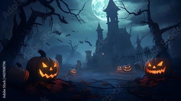 Fototapeta Beautiful painted concept of a Magical Halloween Scene with Jack o Lanterns generative ai