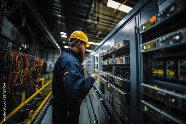 Fototapeta Engineer in protective gear working on high-voltage equipment