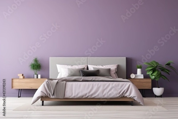 Fototapeta A modernly furnished bedroom featuring contemporary furniture, situated adjacent to a violet colored wall.