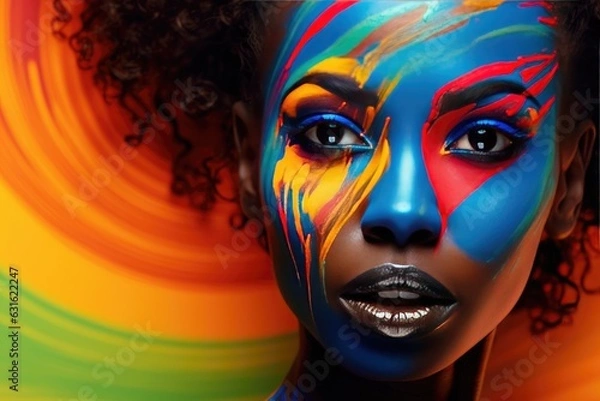 Fototapeta Beautiful glamour African woman with black skin body art.