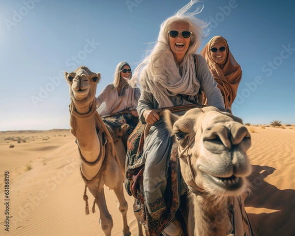 Fototapeta Mature woman riding camel in a desert