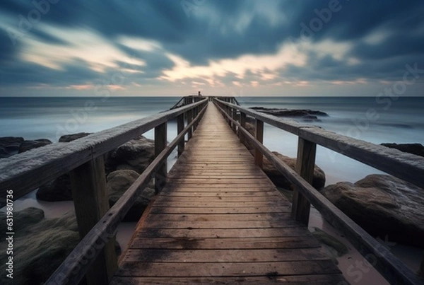 Fototapeta Wooden bridge with the beauty of the beach, long exposure. generative ai