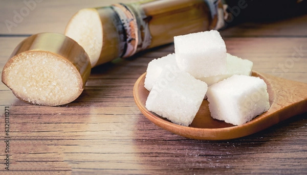 Fototapeta Close up the sugar cubes and cane in wooden spoon on the table ,retro color tone