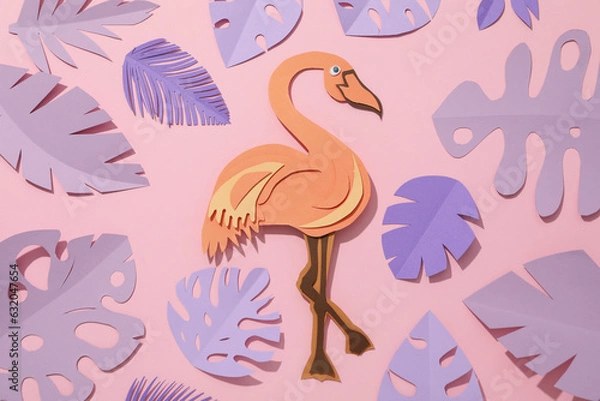 Fototapeta Paper purple tropical leaves on a pink background. With flamingos.